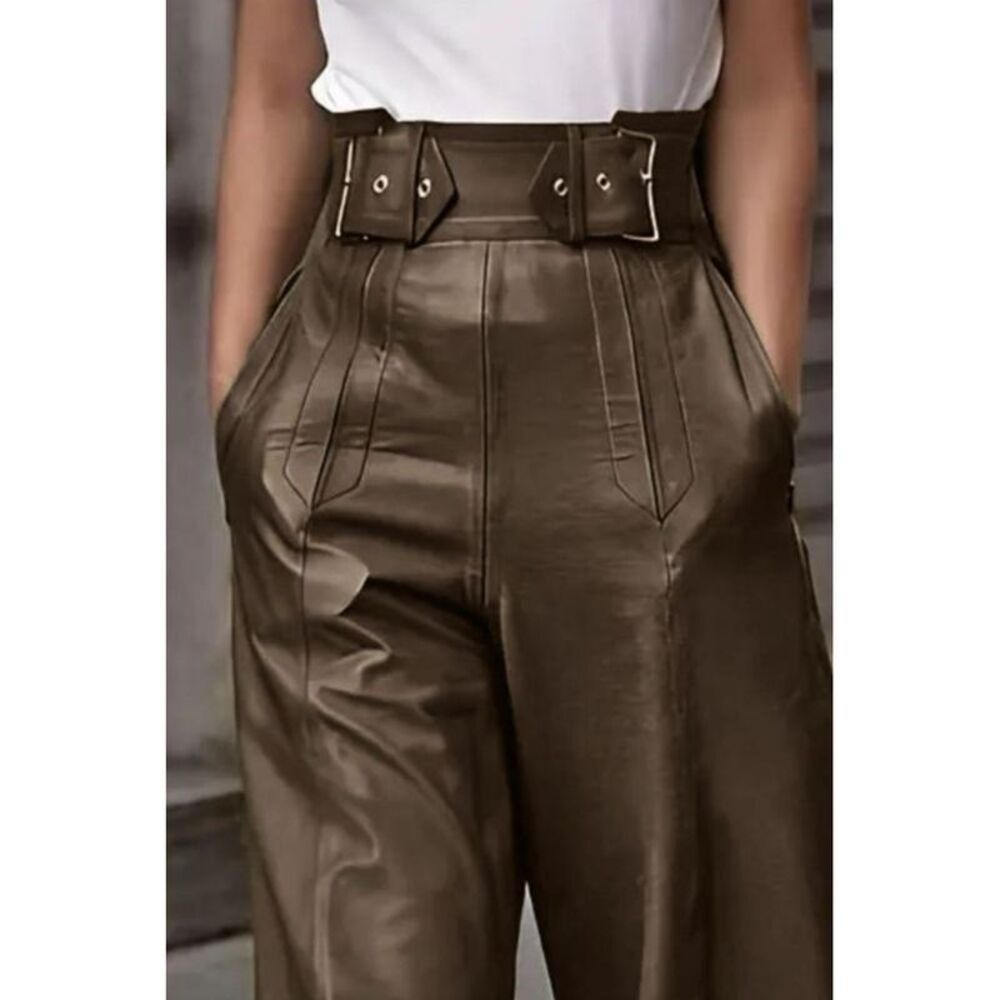 Everyday the Label HighWaisted Wide Leg Faux Leather Pants Women Chocolate - Picture 2 of 3